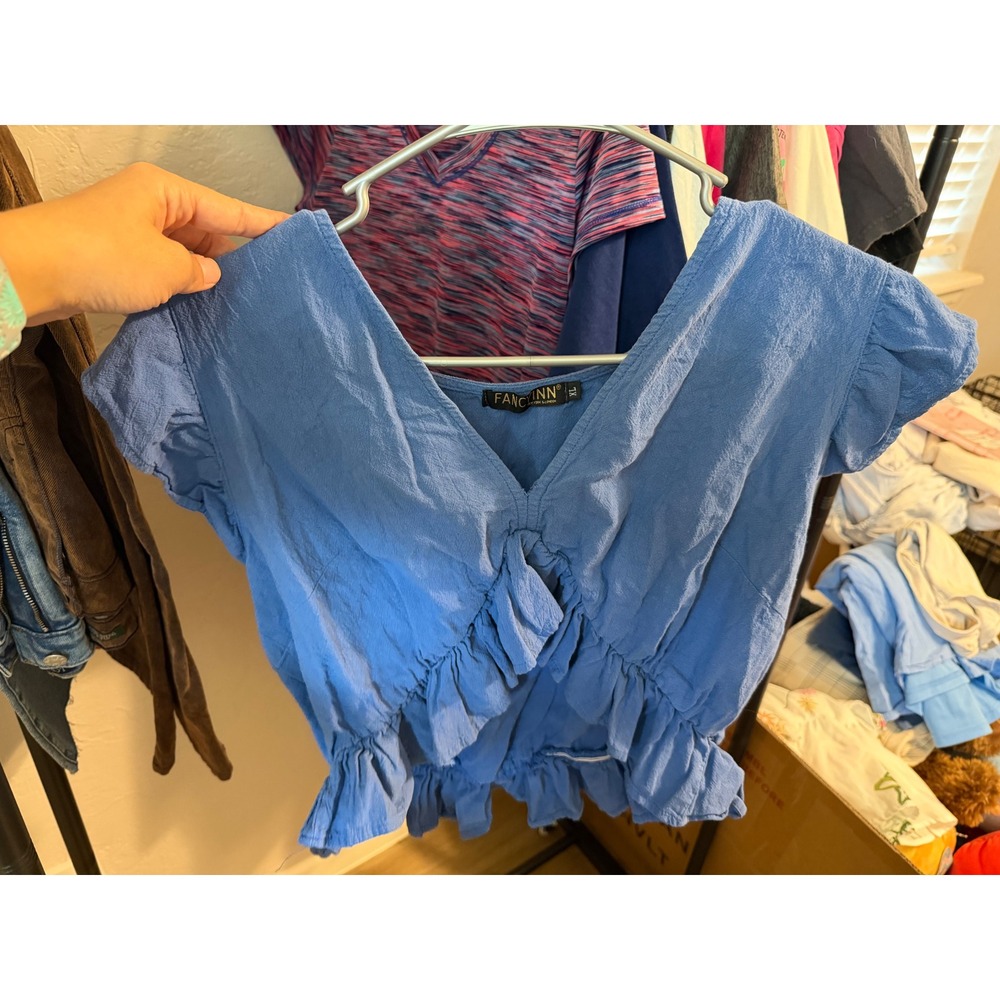 FANCYINN Blue Ruffle Crop Top V-Neck Flutter Sleeve Smocked Hem Boho Blouse XL